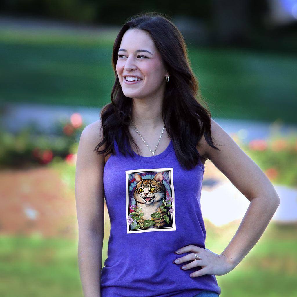 Ladies Frost Purple “Hippie Cat" Perfect Tri Racerback Tank - Skinny Pete's Catnip