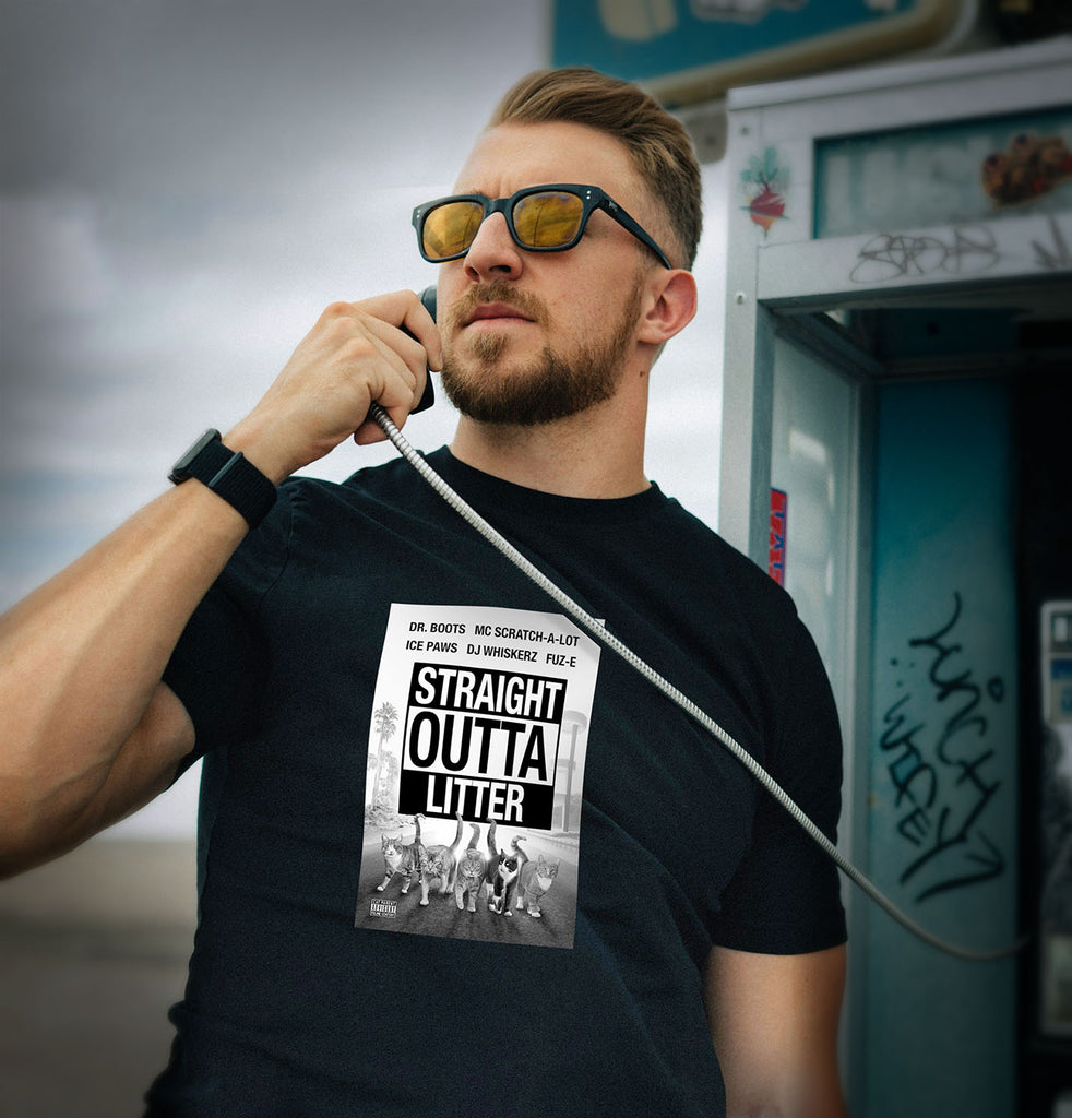 "Straight Otta Litter" Black Tee for him - Skinny Pete's Catnip