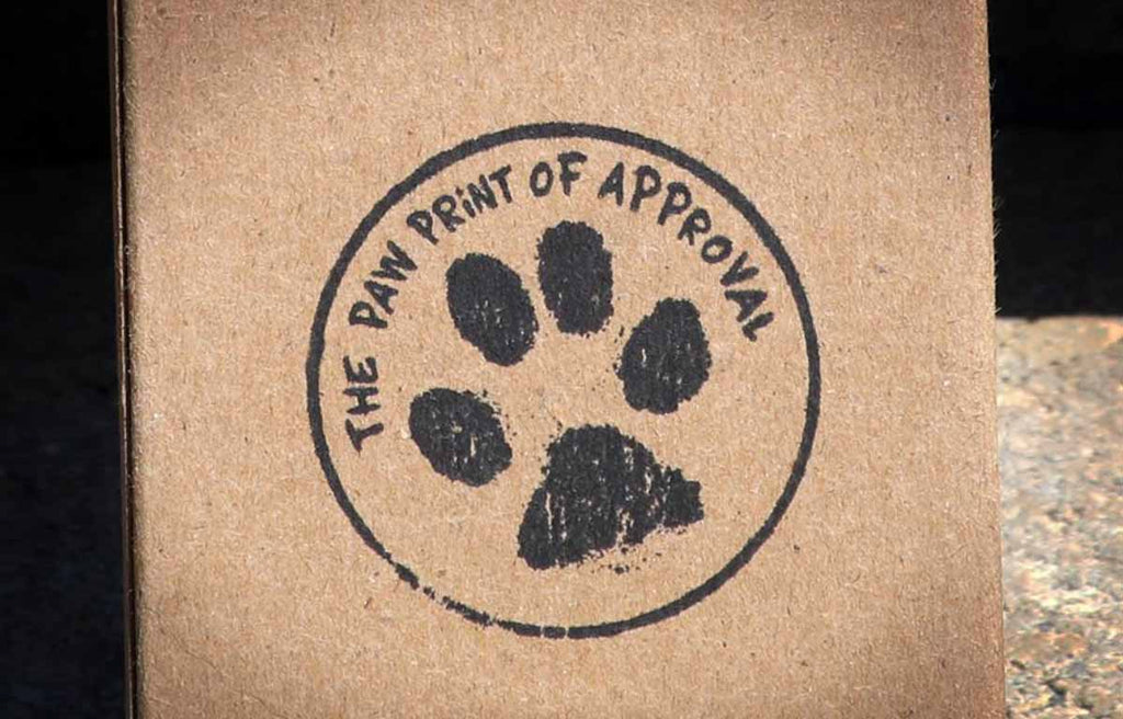 " Paw Print of Approval" ink stamp on back of Skinny Pete's Three Piece Gourmet Catnip gift set.