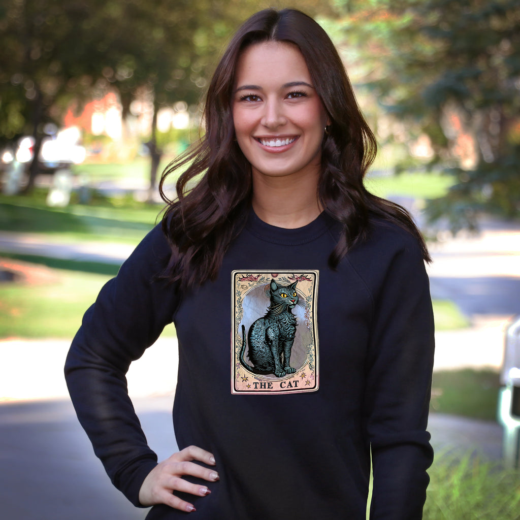 Unisex "Tarot Card Cat" Sponge Fleece Ragland Sweatshirt for her - Skinny Pete's Catnip