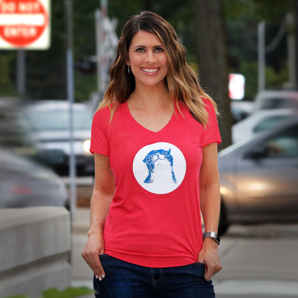 Ladies Red Frost " Happy Cat" V-Neck Tee - Skinny Pete's Catnip