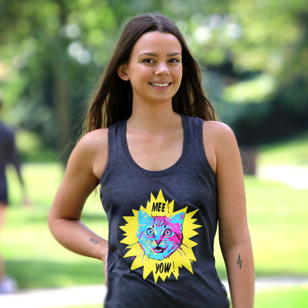 Ladies Charcoal “Mee!-Yow!” Perfect Tri Racerback Tank - Skinny Pete's Catnip