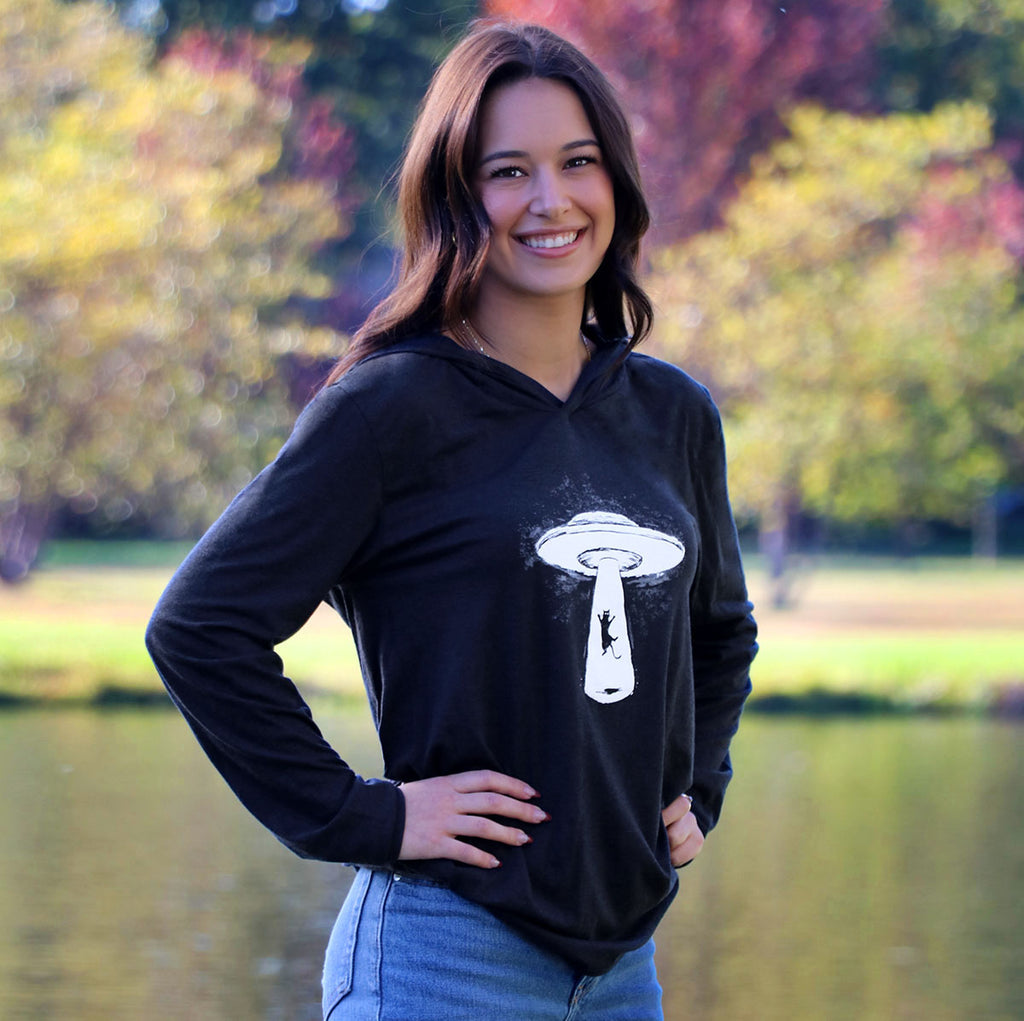 District Made "UFO Cat" Black Perfect Tri Long Sleeve Hoodie for her - Skinny Pete's Catnip
