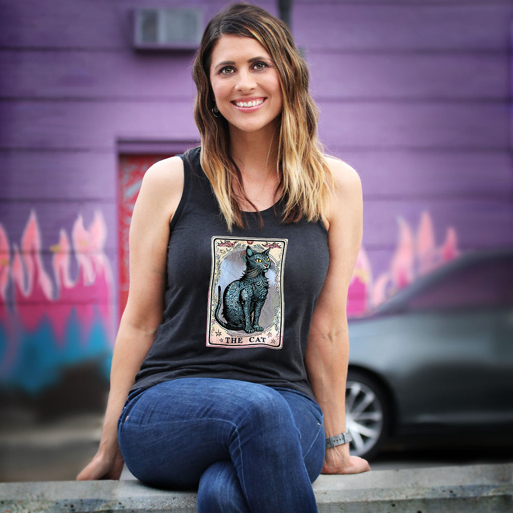 Ladies Charcoal "Tarot Card Cat" Perfect Tri Racerback Tank - Skinny Pete's Catnip