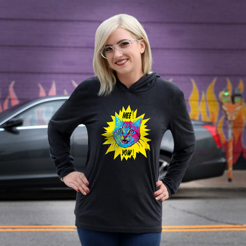 District Made "Me! Yow!" Black Perfect Tri Long Sleeve Hoodie for her - Skinny Pete's Catnip